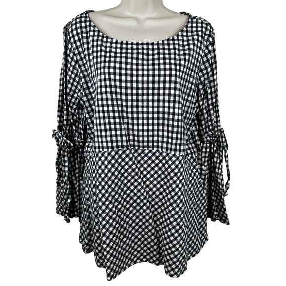 LOFT Blouse Top Plaid Gingham Check Boho Bell Sleeves Black White L Cottage Core - Picture 2 of 11
